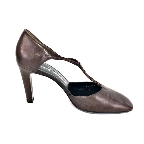 Stephane Kelian Bronze Leather Beaded T-Strap Heels - Picture 7 of 13
